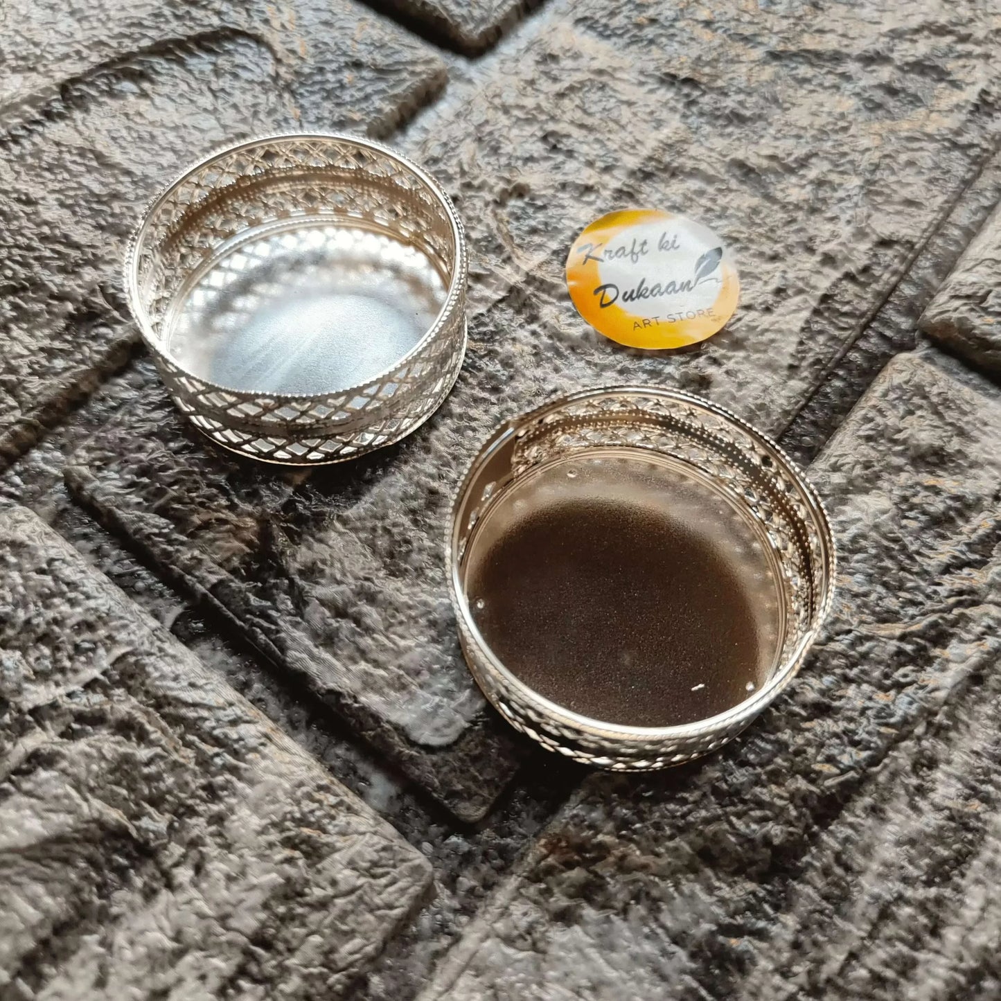Nickel T-Light Holder, round ornate rim metal cup with open top for tea light