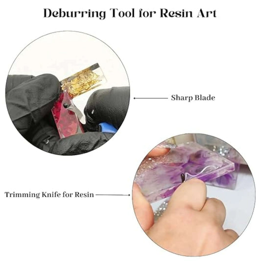 Deburring tool for resin work; inset shows sharp blade trimming and deburring
