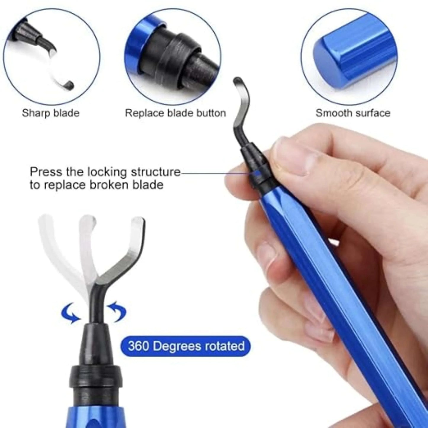Blue handheld deburring tool with replaceable blade button and locking, 360° rotation