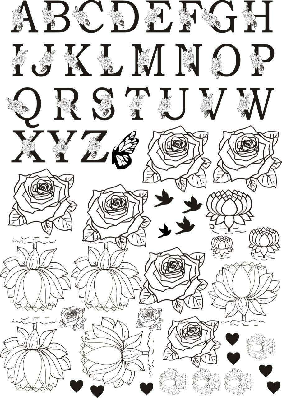 A4 Insert sheet B18: alphabet letters with roses, flowers, hearts, butterflies (line art)
