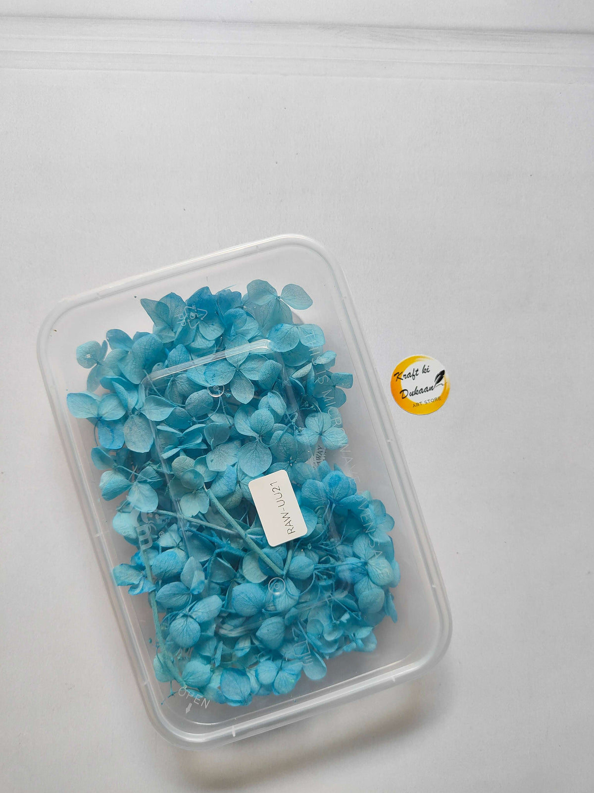 Hydrangea flower box with light blue hydrangea blooms in a clear plastic container