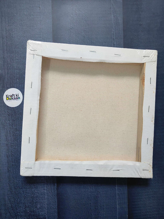Square stretched canvas board with visible wooden frame interior and white canvas, 25x25 cm