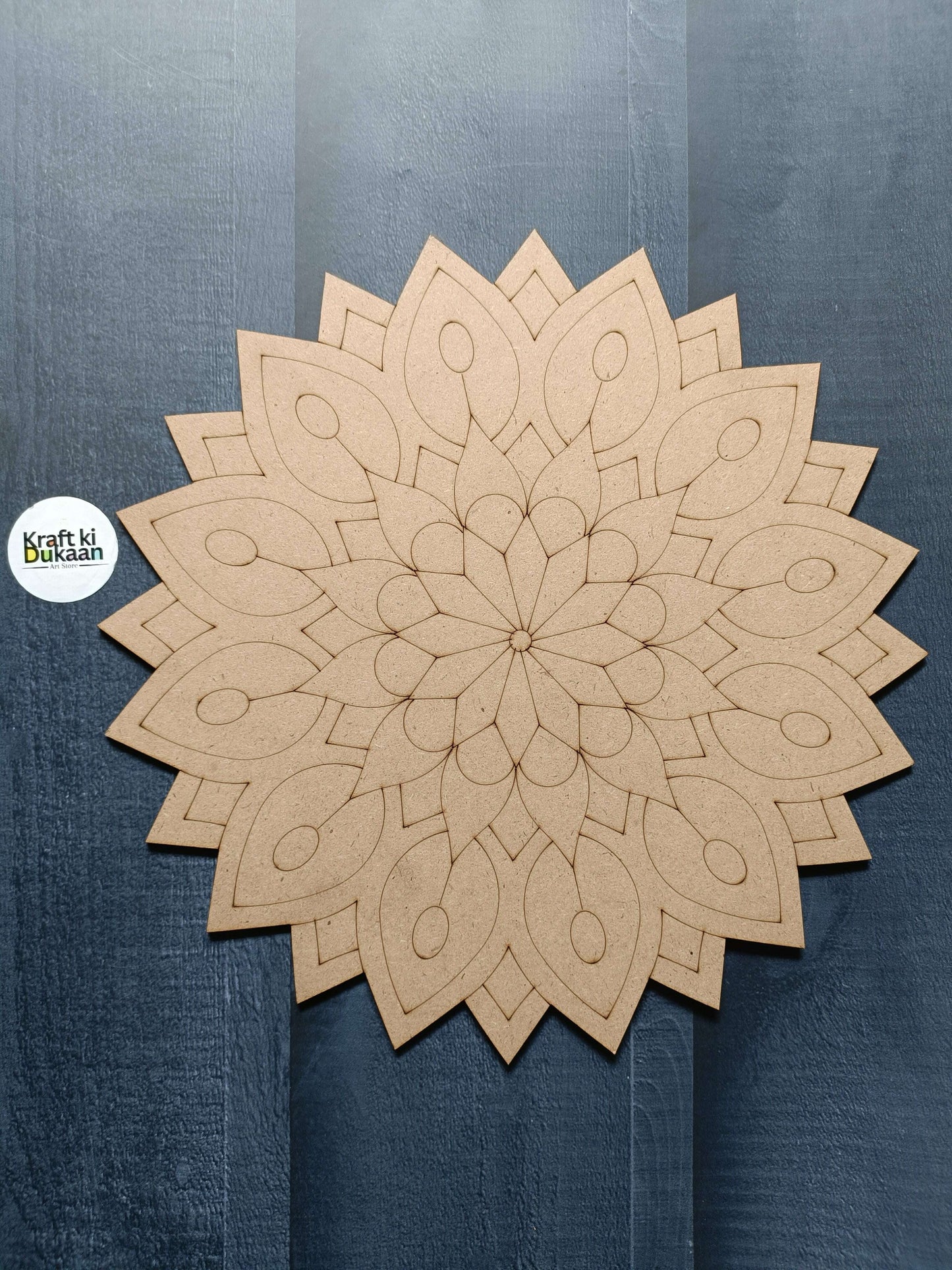 Engraved MDF A2 round mandala with intricate layered petal pattern and central rosette