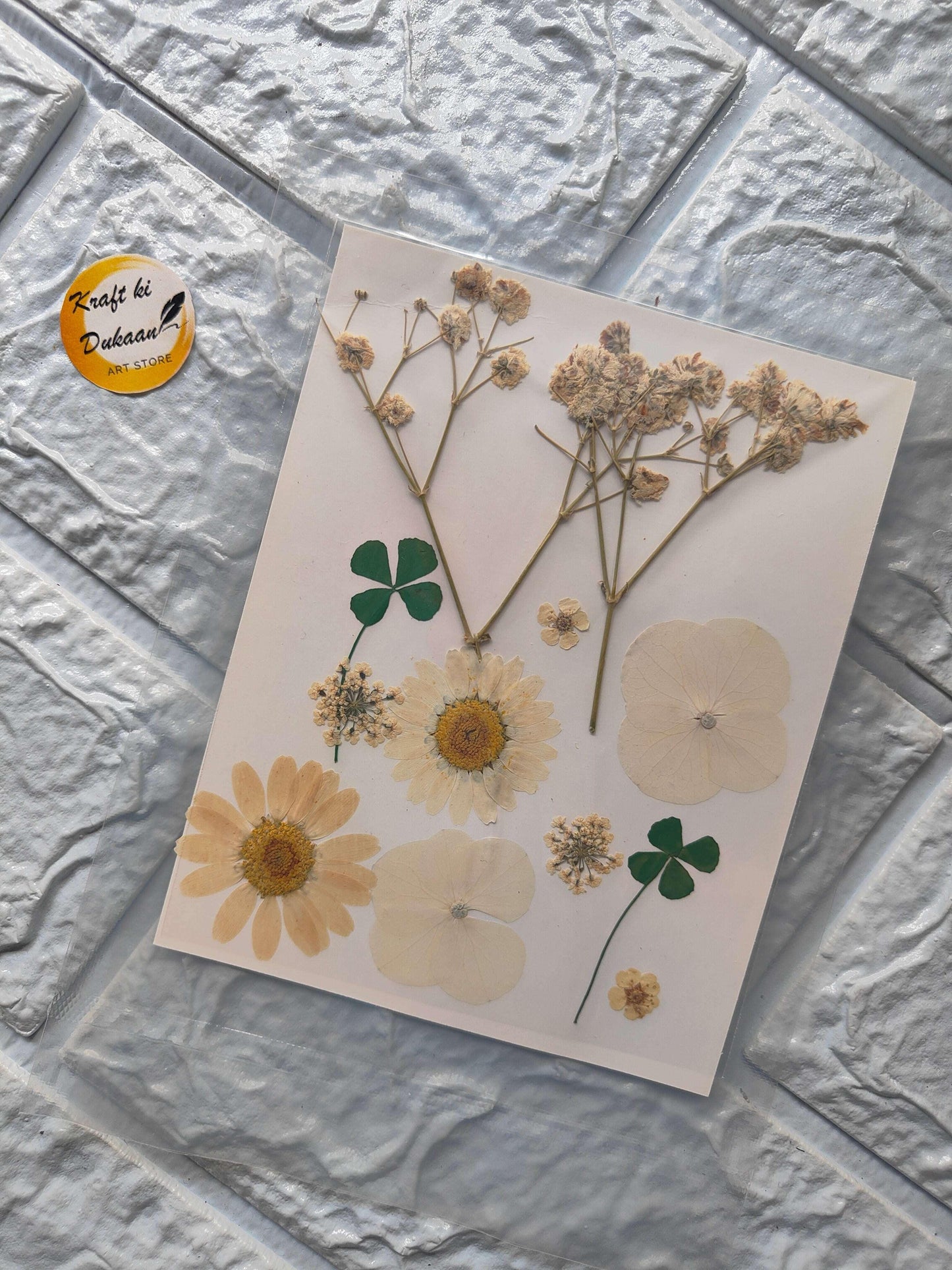 Pressed Flower Sheet Mix A11—assorted pressed flowers and green leaf shapes on a sheet