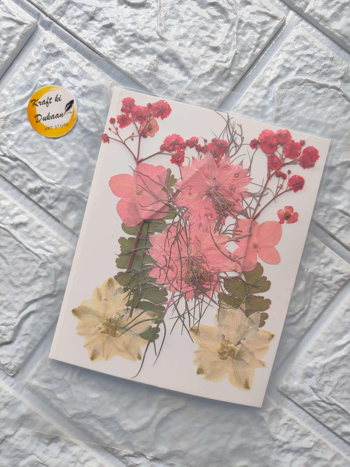 Pressed Flower Sheet Mix A3 with pink and cream pressed blossoms on a sheet
