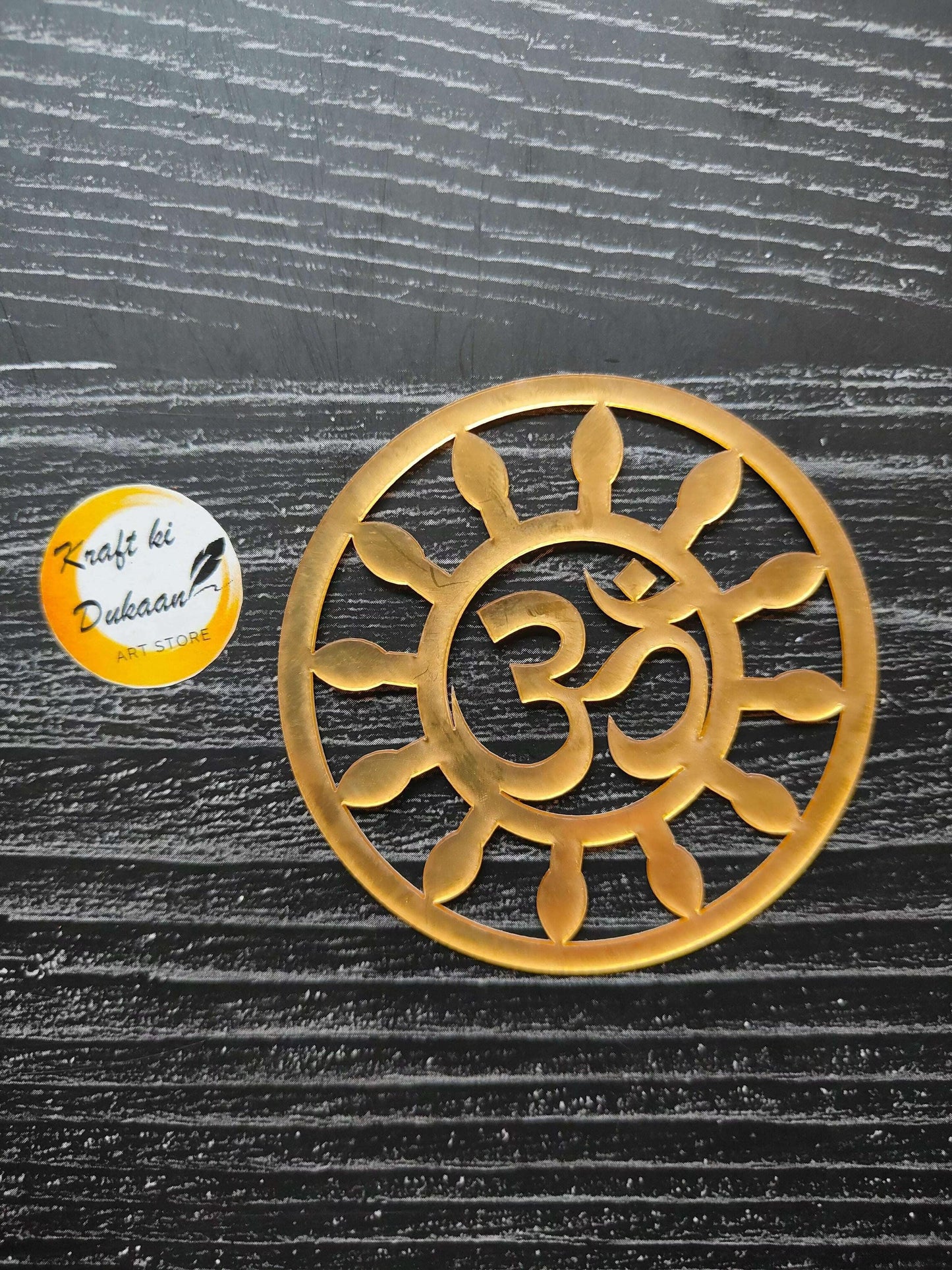 Golden 3" acrylic OM in circular sunburst mandala design