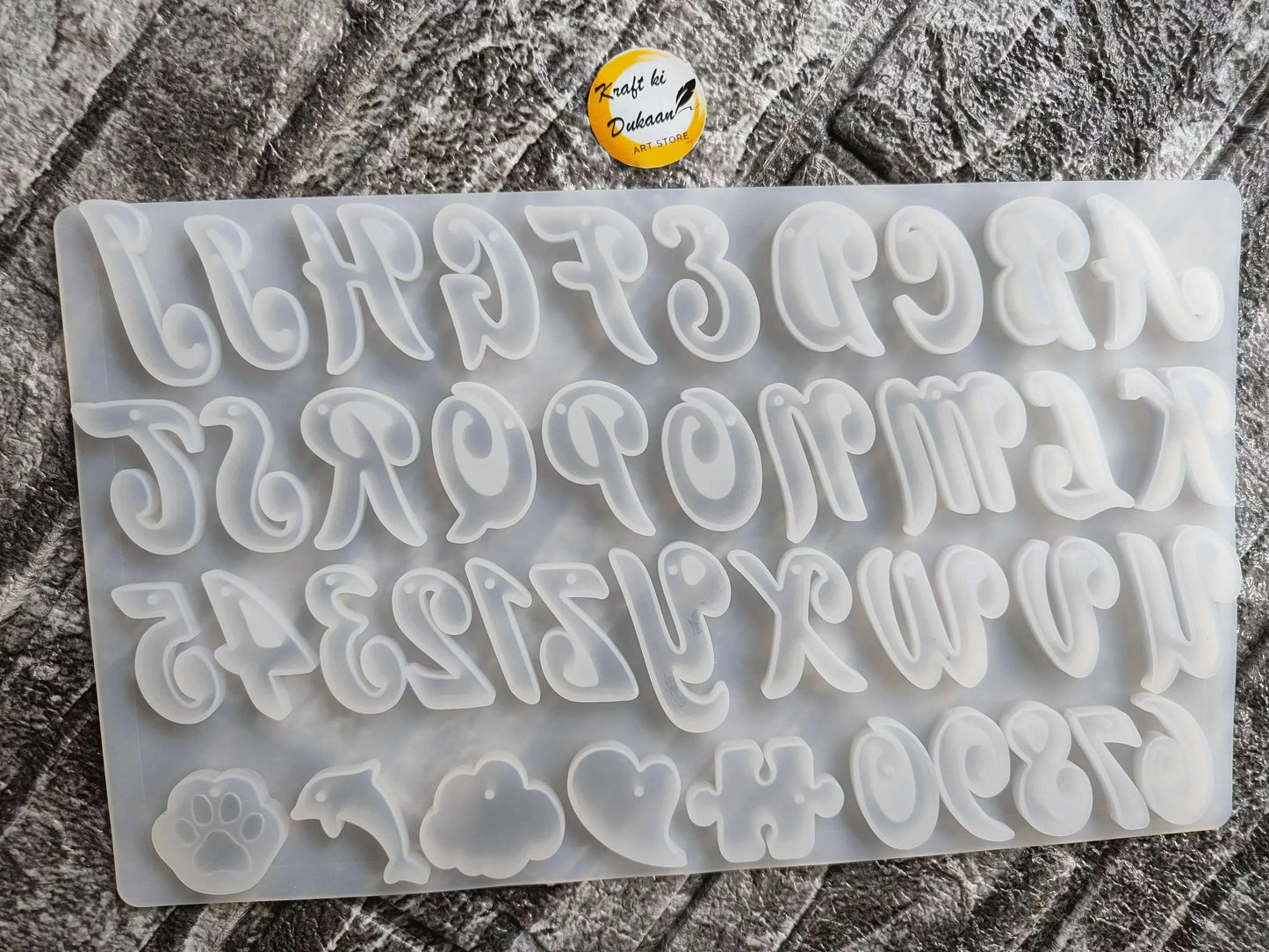Cursive alphabet mould (small): decorative lowercase letters and paw-print icons
