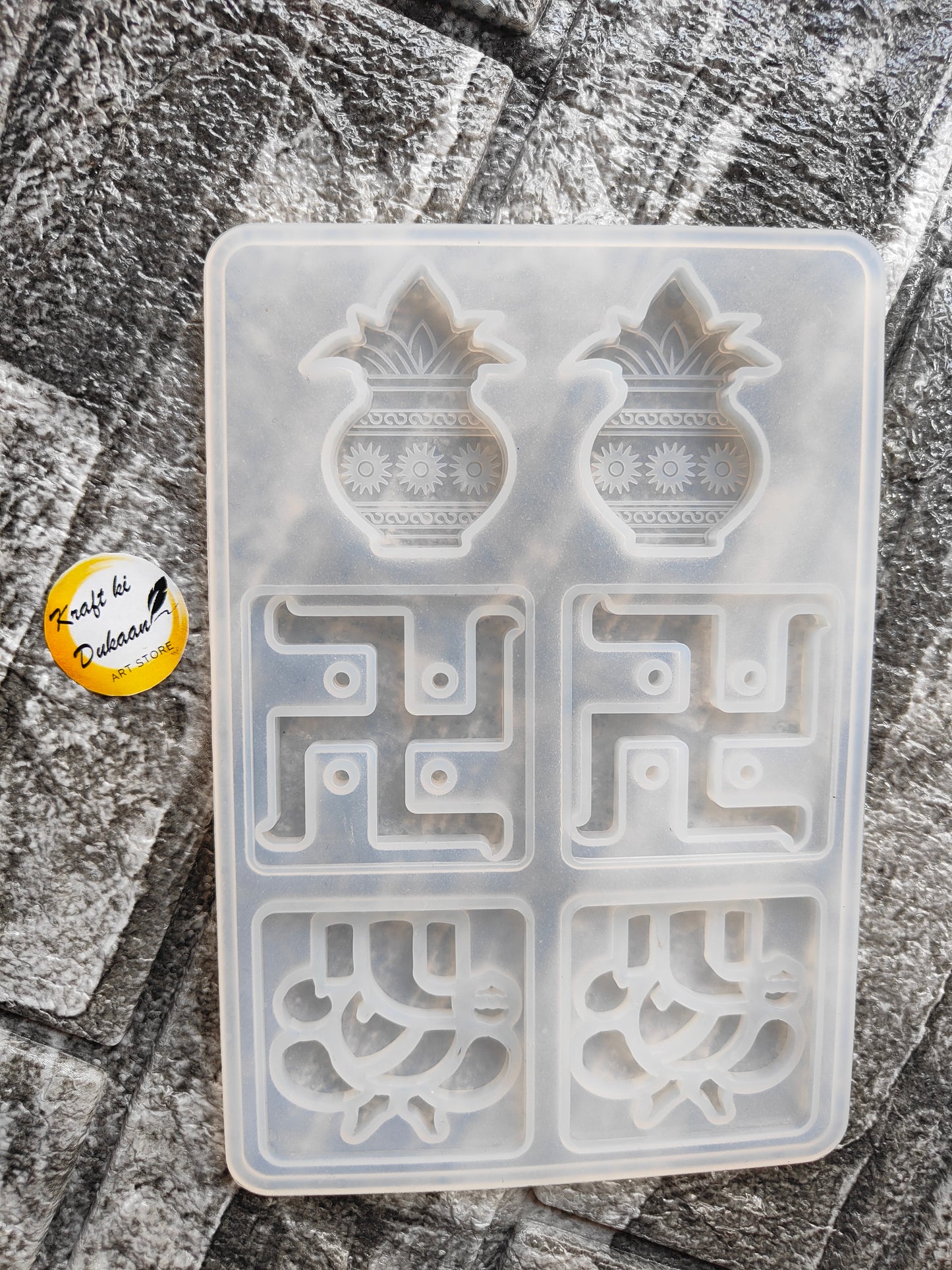 Kraft ki Dukaan clear silicone Hindu deity resin molds with kalash pots and swastika design for crafting