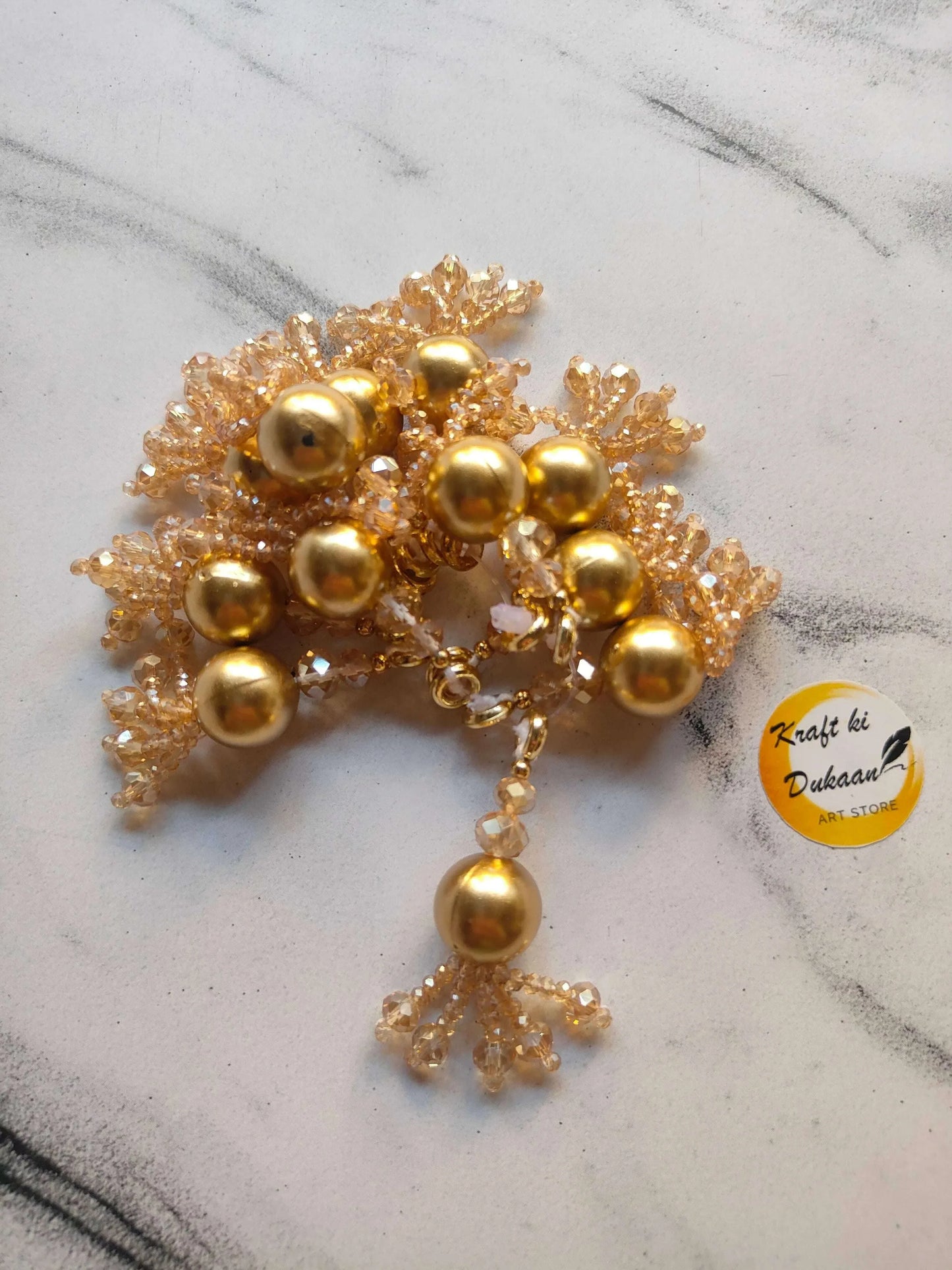 Gold latkan set: bead clusters with dangling teardrop charm and sparkling mesh