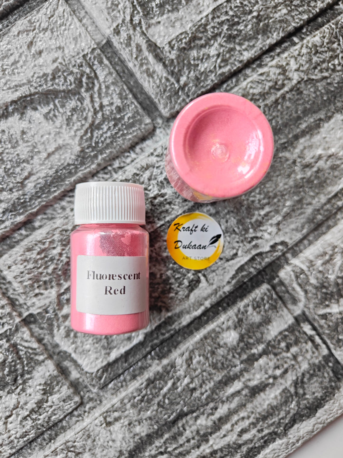 Fluorescent Red Mica Powder for Resin Art in a small jar by Kraft ki Dukaan