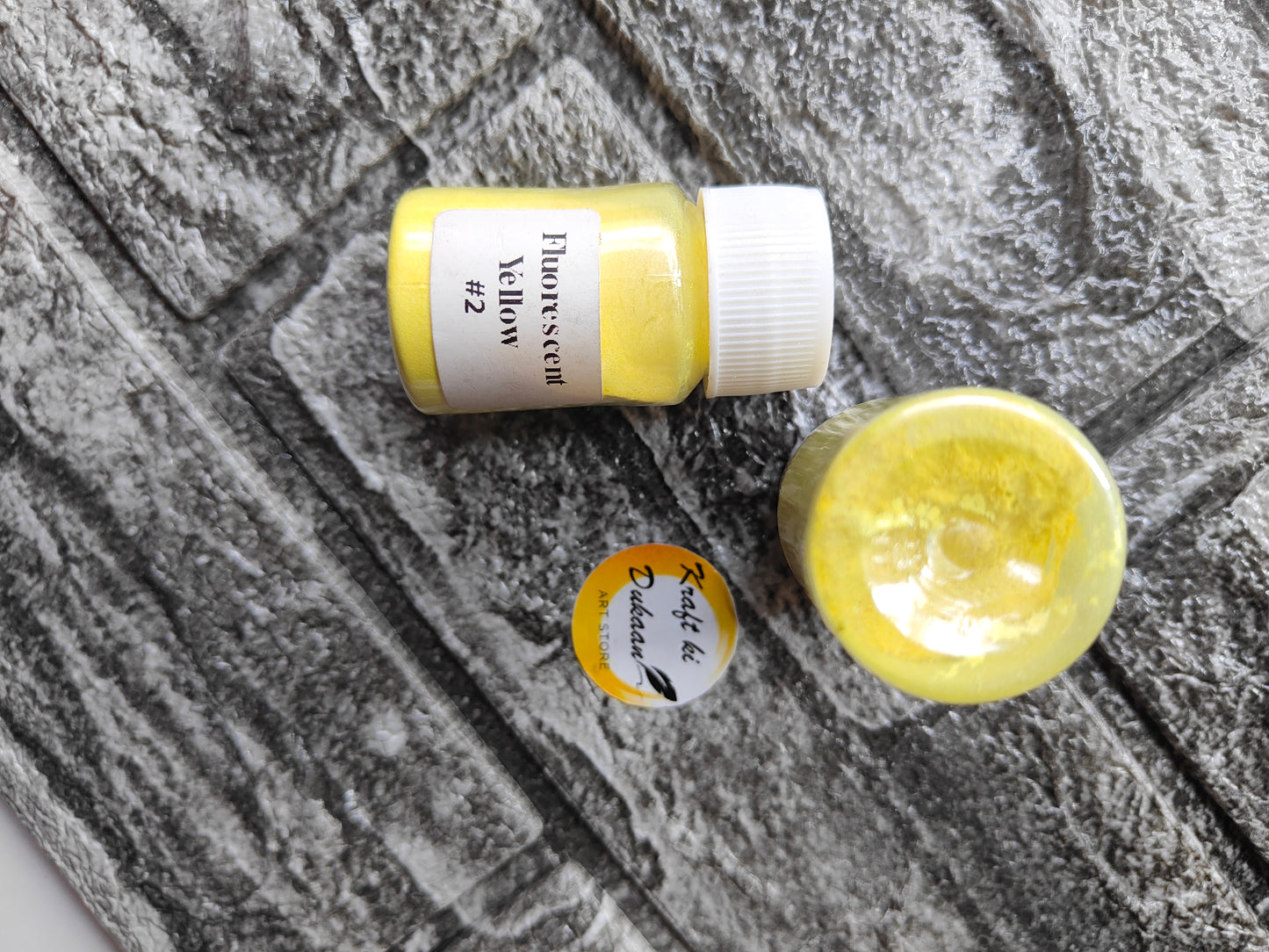 Kraft ki Dukaan Fluorescent Yellow Mica Powder for resin art in small container with lid