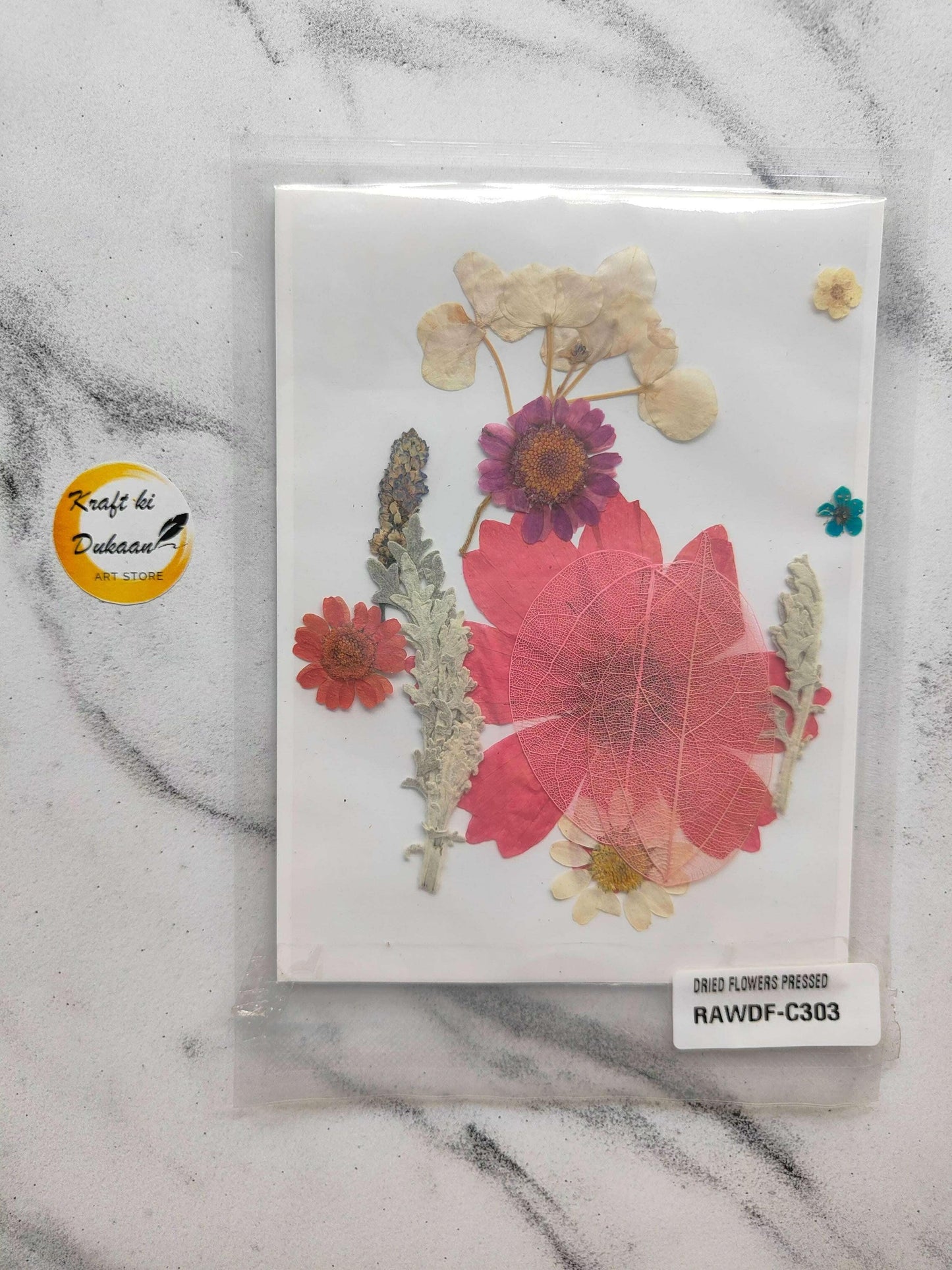 Pressed Flower Sheet mix F7 with dried pressed blooms, pink, red and beige leaves