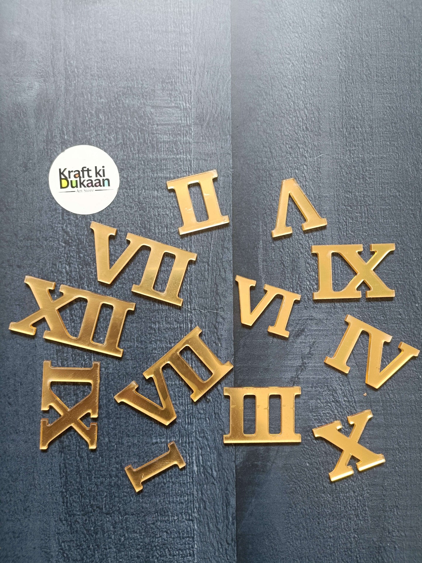 Acrylic gold Roman numeral clock numbers in mixed shapes, showing II, IV, VI, X