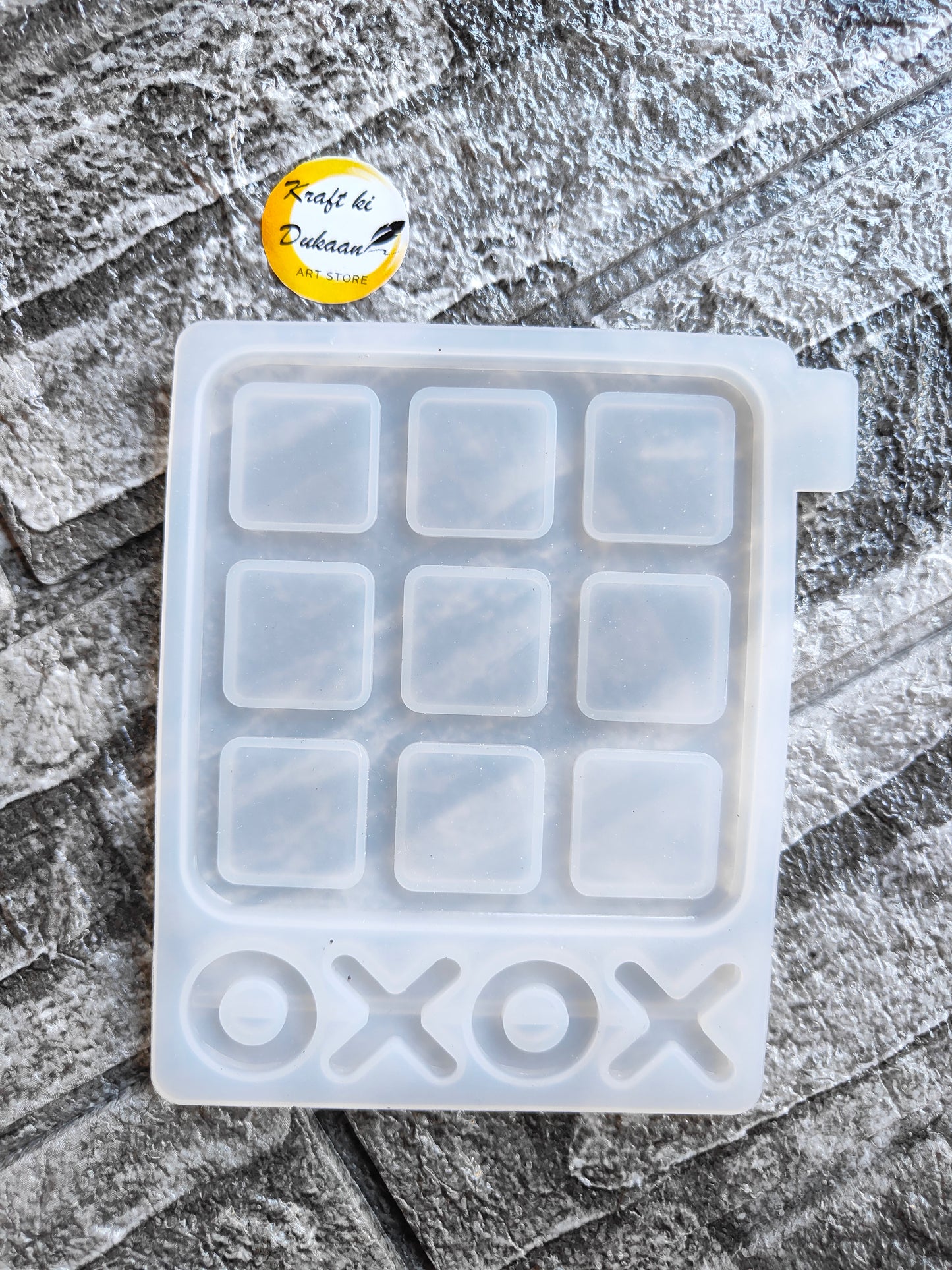 Kraft ki Dukaan tic tac toe resin mould clear silicone 3 by 3 square grid with XO game pieces and pour tab