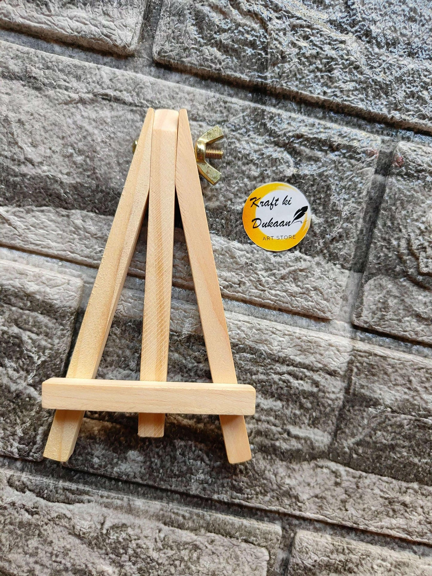 Light wood mini easel stand with screw, wide base rail and triangular frame