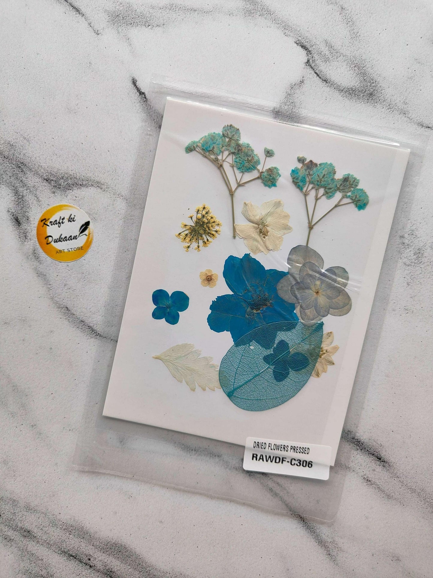 Pressed Flower Sheet mix F4 with blue, beige, and turquoise pressed flowers