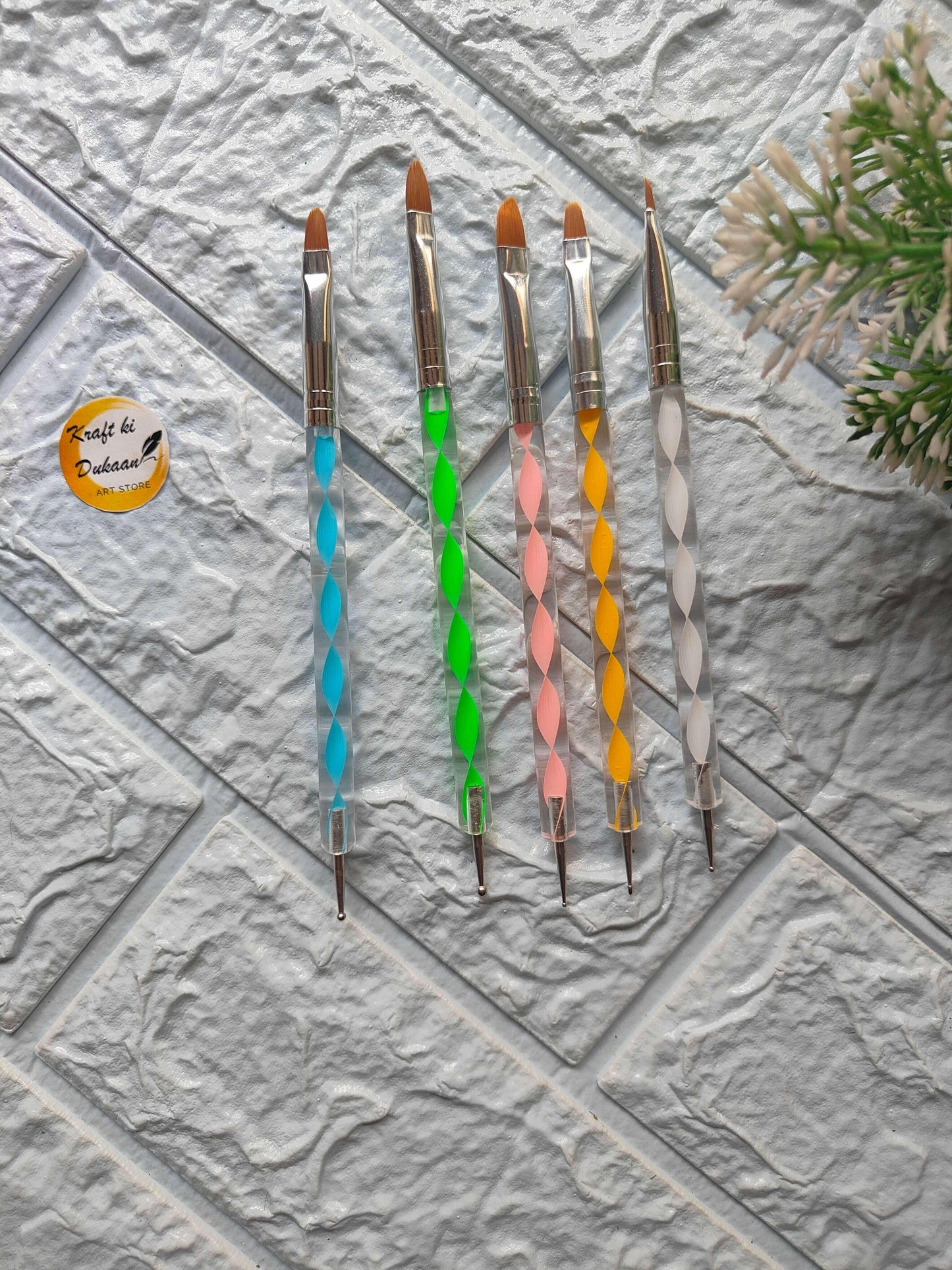 Mandala dotting tool brush set (5 dual tips) with turquoise, green, pink and yellow handles