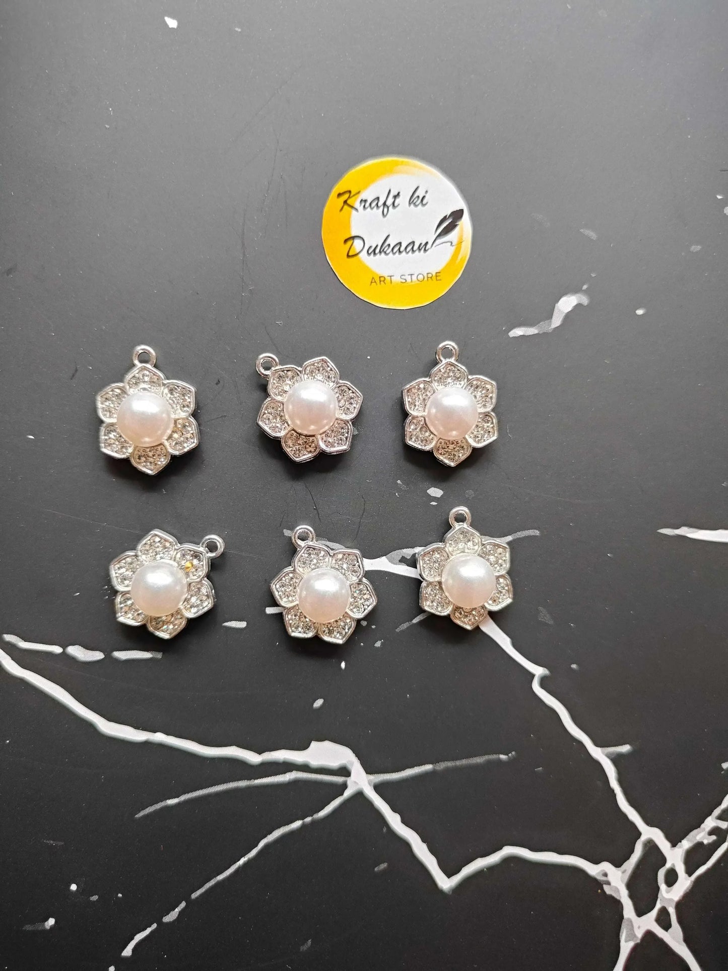 Metal pearl diamond flower pendant charms, silver-tone with round faux pearls (set)