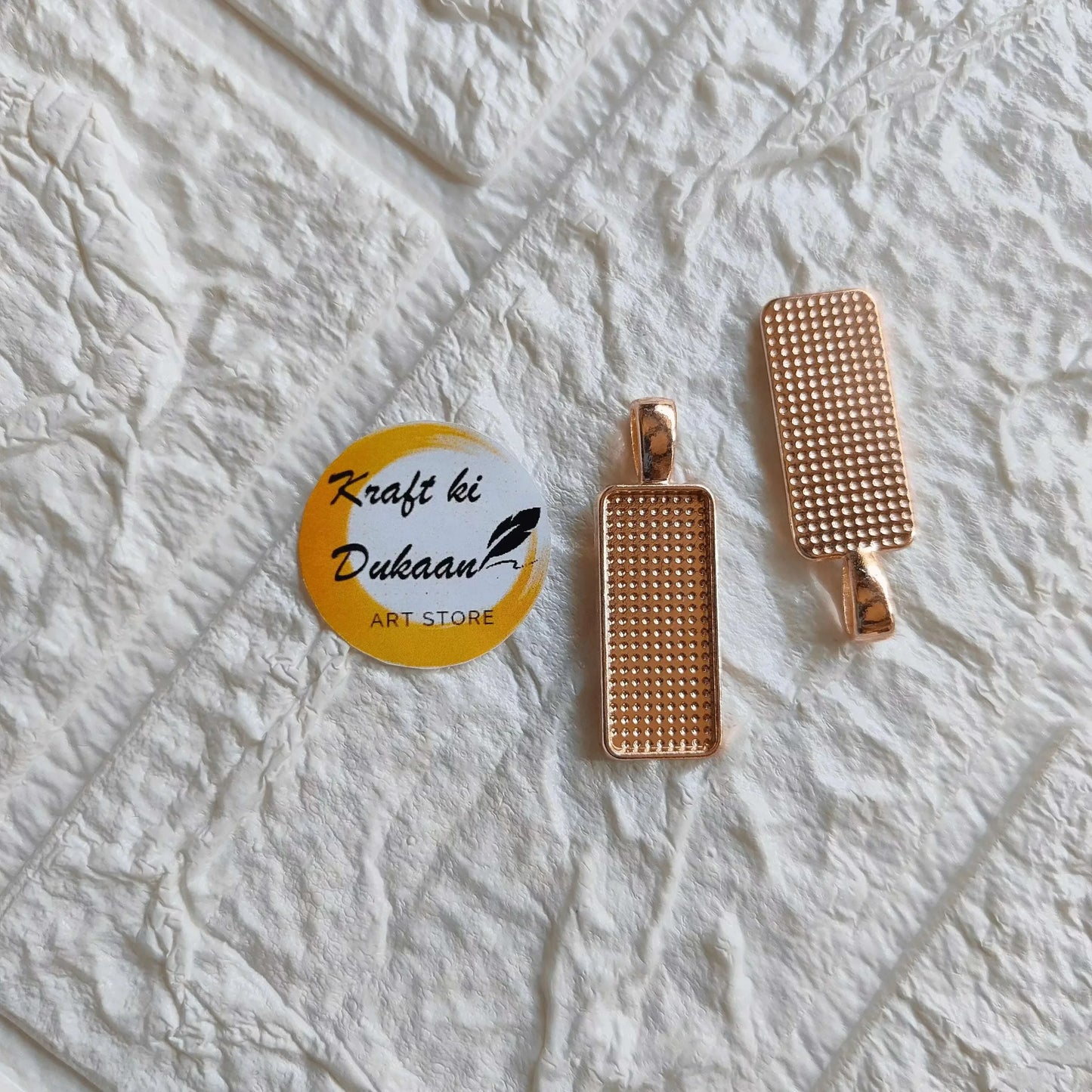 Metal pendant rectangle set, rose gold tone with grid dot pattern, 4PC