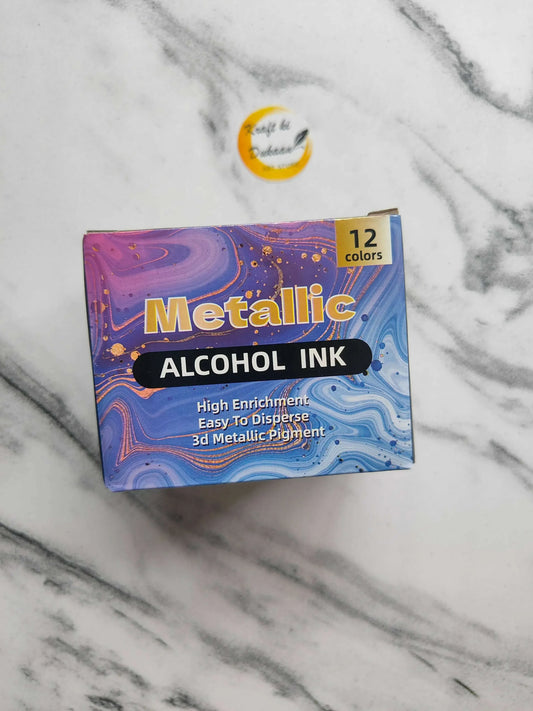 Metallic alcohol ink box showing 12 colors and 3D metallic pigment claims