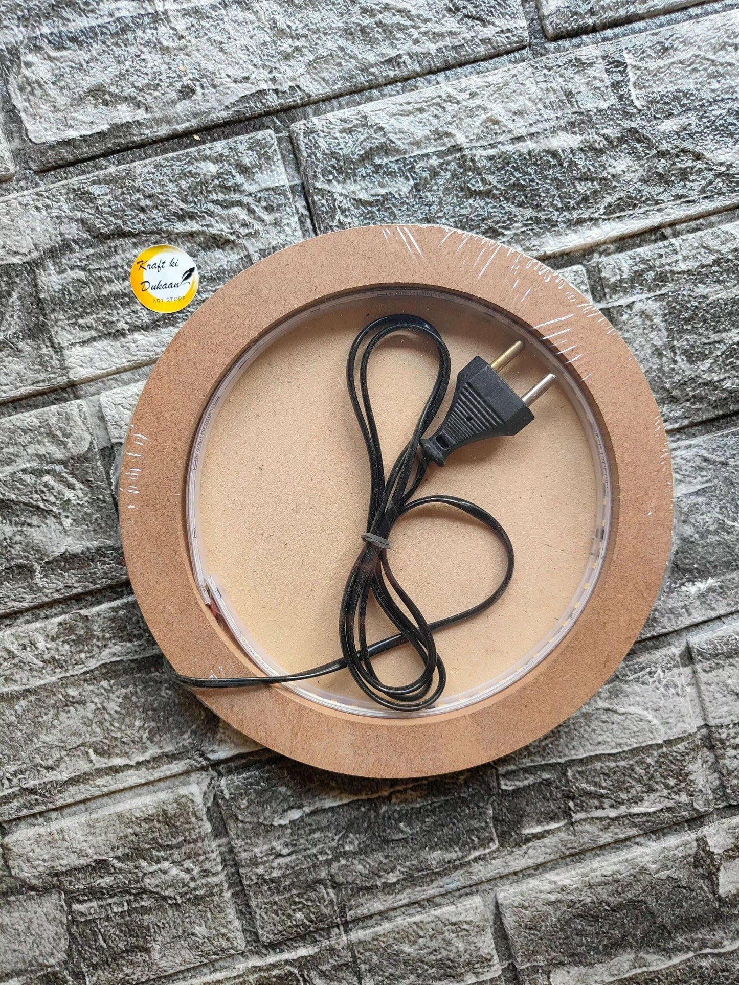 Circular MDF moon LED lamp board with plug and black power cord