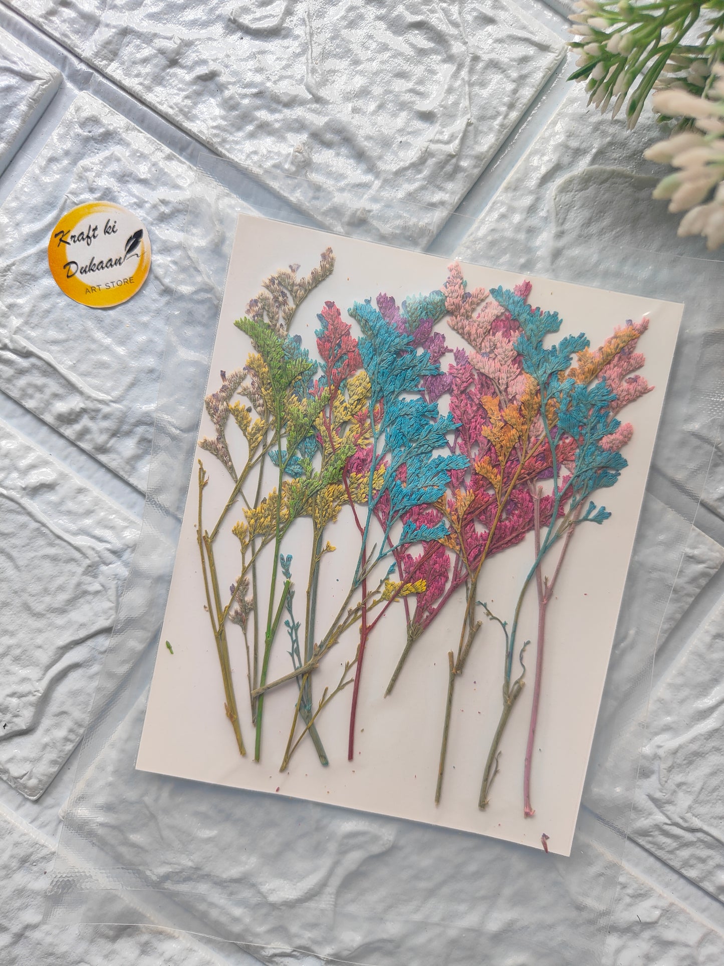 Multicolor pressed flower craft showcasing vibrant flowers on a white background by Kraft ki Dukaan