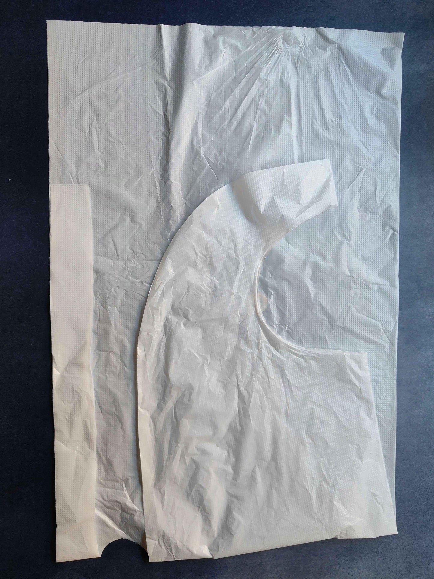 Plastic apron, white, sleeveless with curved neckline and front opening