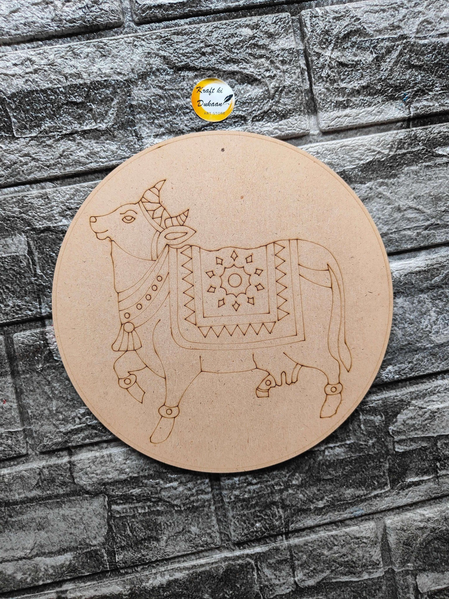 8-inch pre-marked round MDF board with line-art elephant and decorative motifs