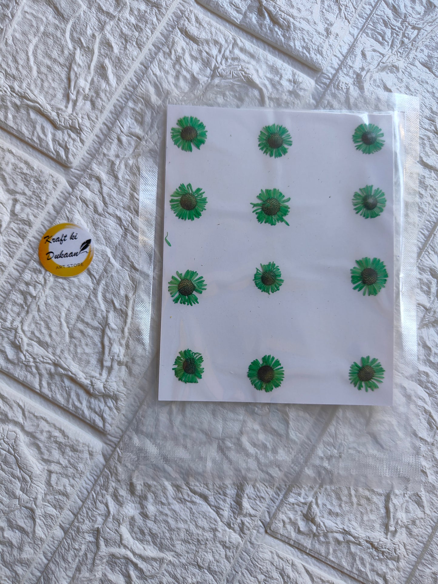 Pressed chrysanthemum flowers arranged on a white card, perfect for crafting and decoration