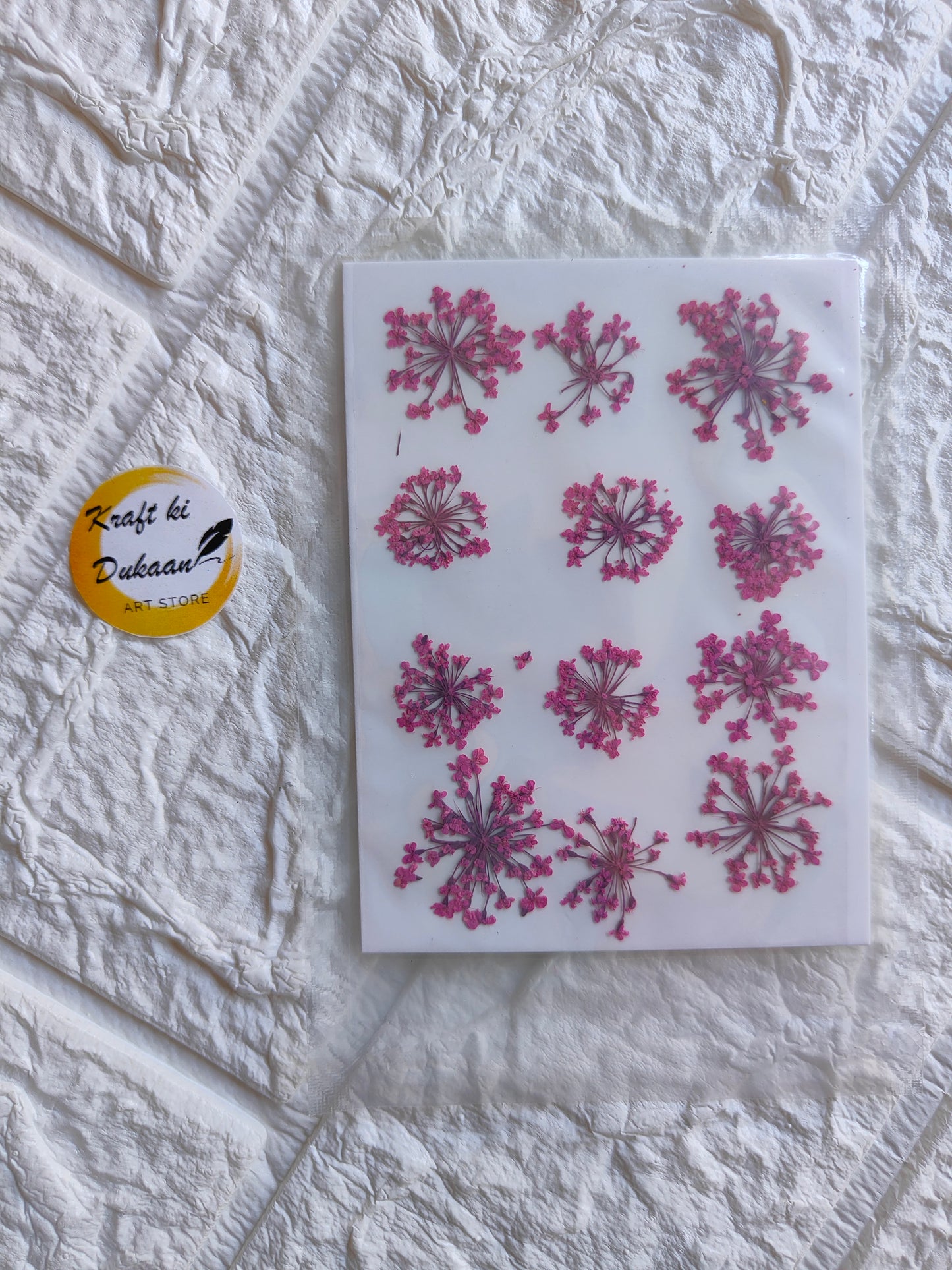Pressed flower art supplies featuring vibrant pink flowers for crafting and DIY projects