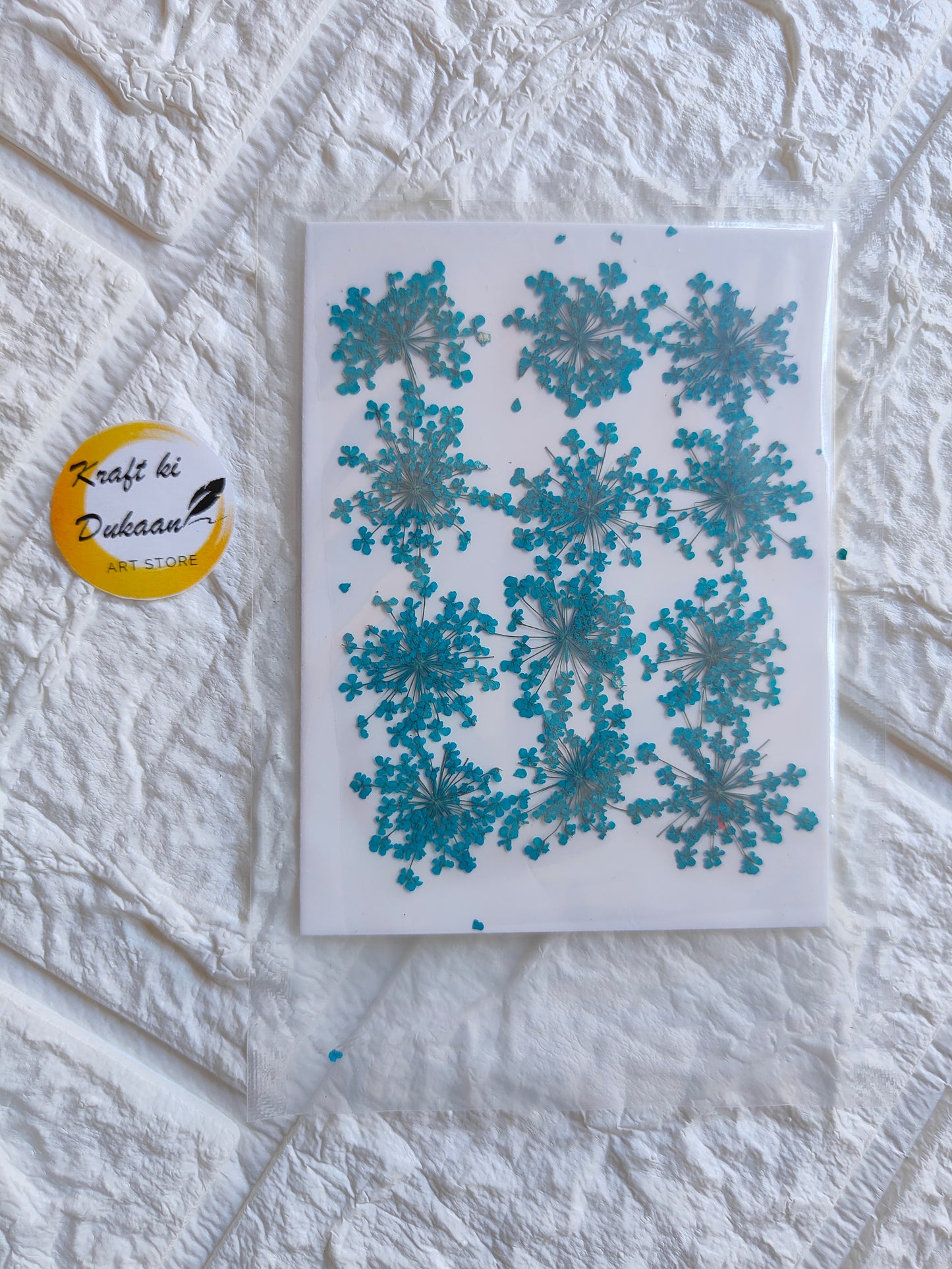 Pressed flower art supplies with blue floral designs on a clear backing for crafting and decoration