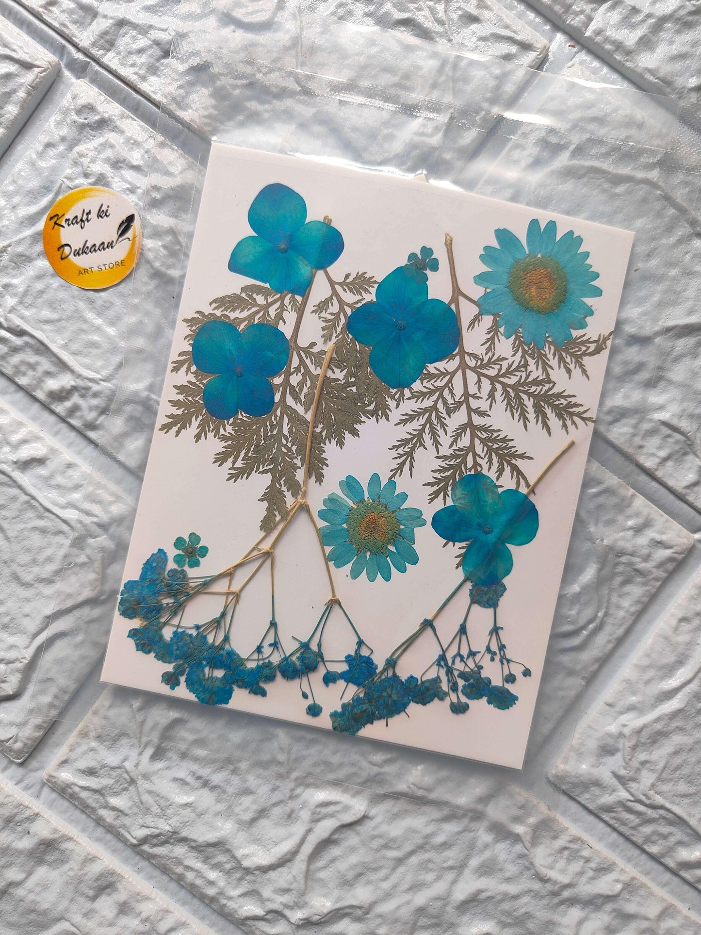 Pressed Flower Sheet Mix A6, teal dried flowers on white paper