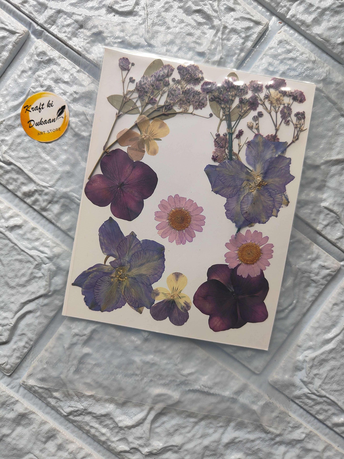 Pressed Flower Sheet Mix A8 with assorted purple, blue and pink pressed flowers on sheet