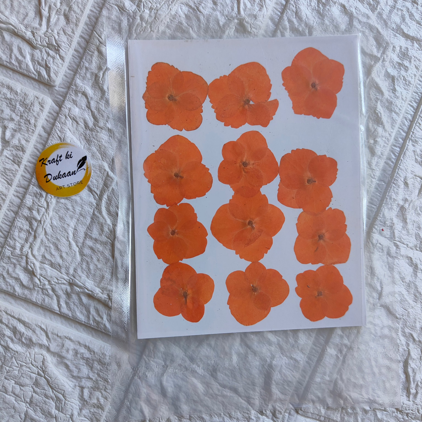 Vibrant pressed flower sheet for crafts featuring orange flowers on a white background