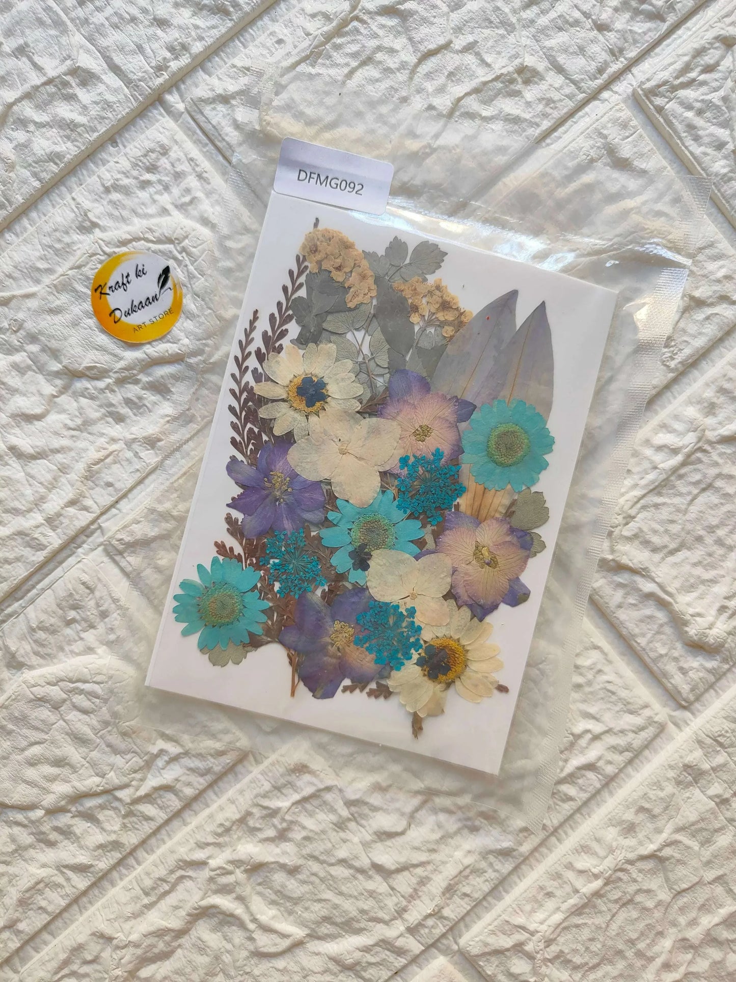 Pressed Flower Sheet Mix B8 with assorted pressed flowers, teal blue, cream, gold