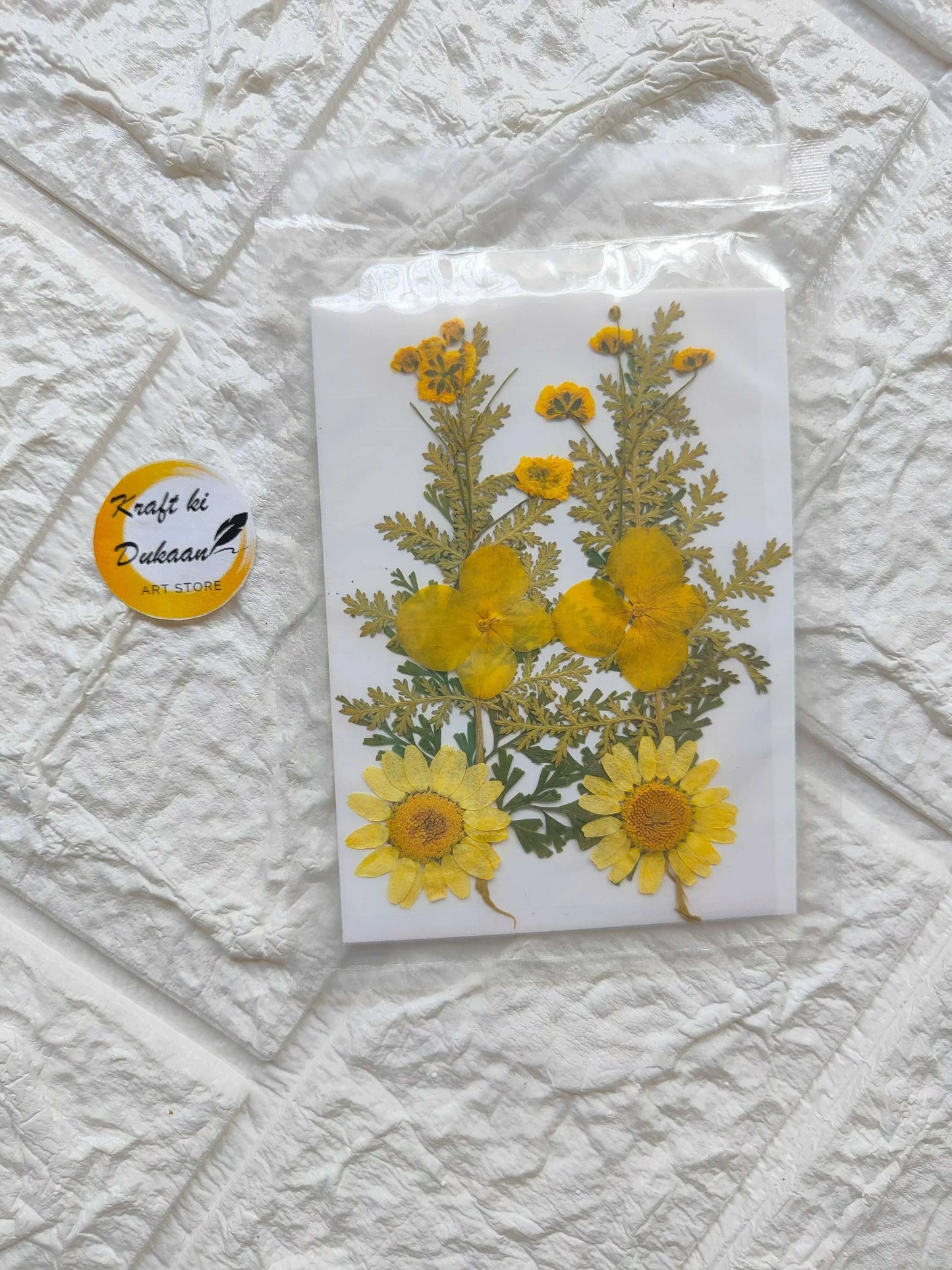 Pressed Flower Sheet, Yellow mix—sunflowers and small yellow blooms on white sheet
