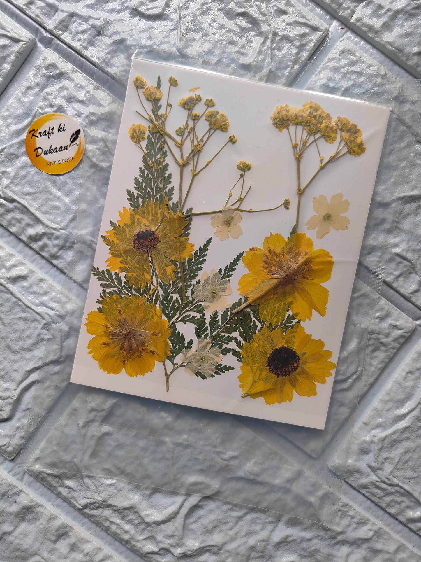 Pressed flower sheets A5 with vibrant yellow flowers and green leaves for crafting and decor