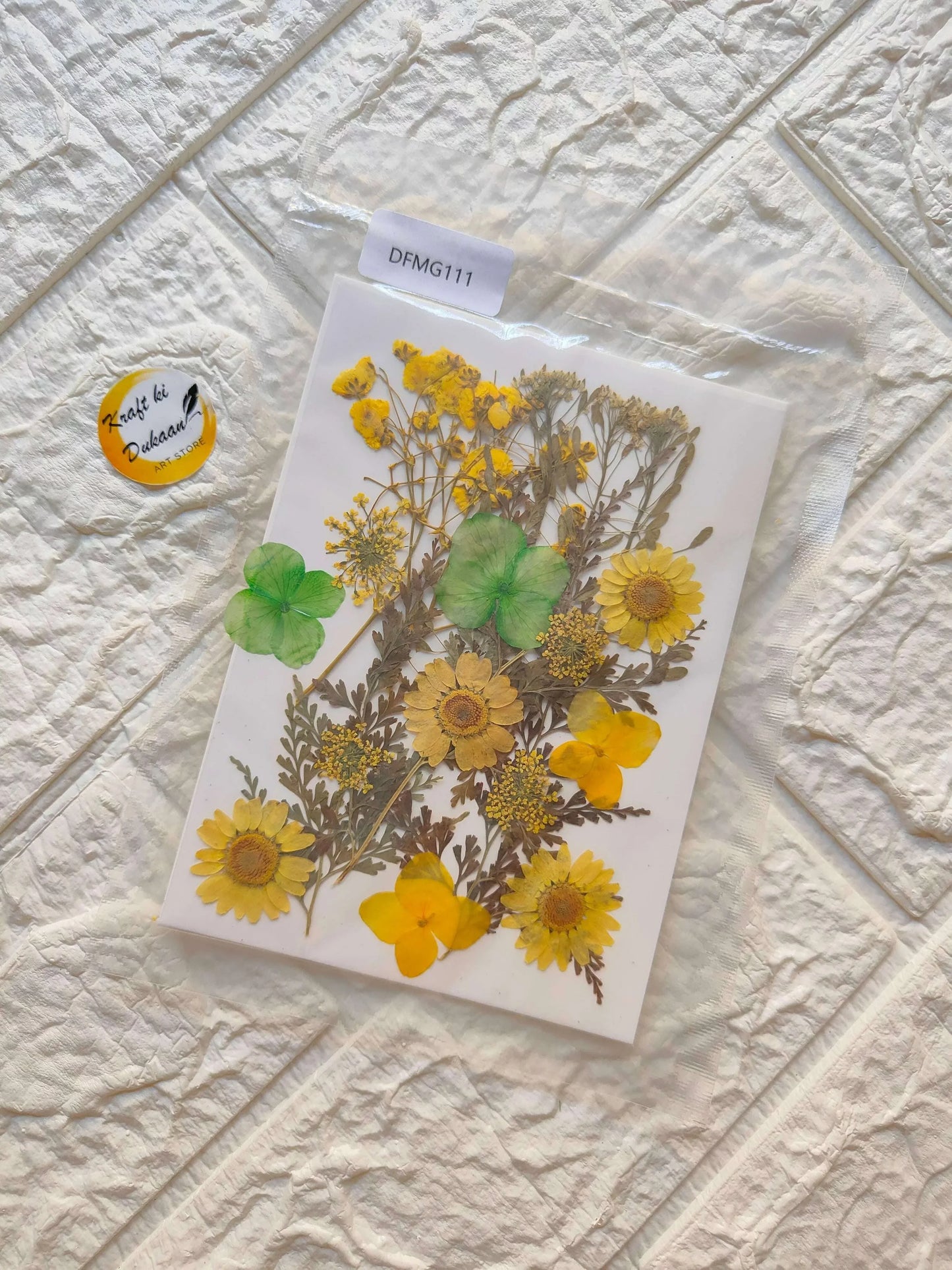 Pressed Flower Sheet Mix B26: yellow and green pressed blooms on white sheet