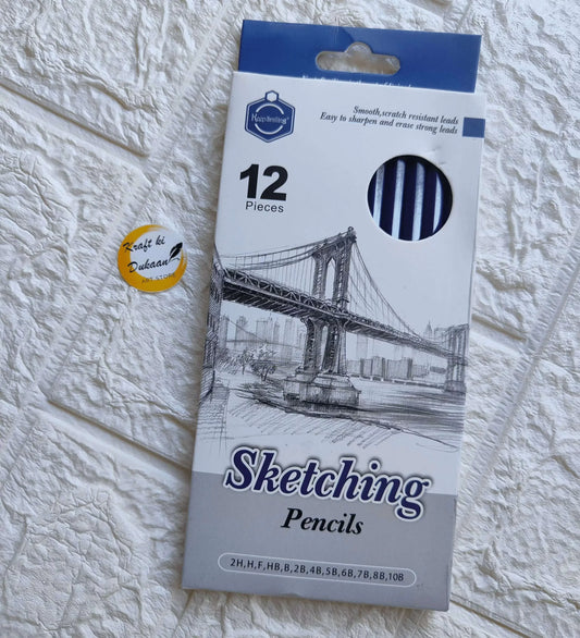Sketching pencils 12-piece pack box with bridge illustration and “Sketching Pencils” label