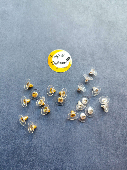 Push back earring hooks pack of 50, silver tone metal posts with clear circular backs