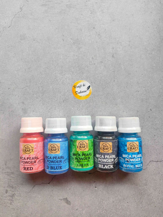 Mica pearl powder bottles lineup, red, blue, green, black, royal blue
