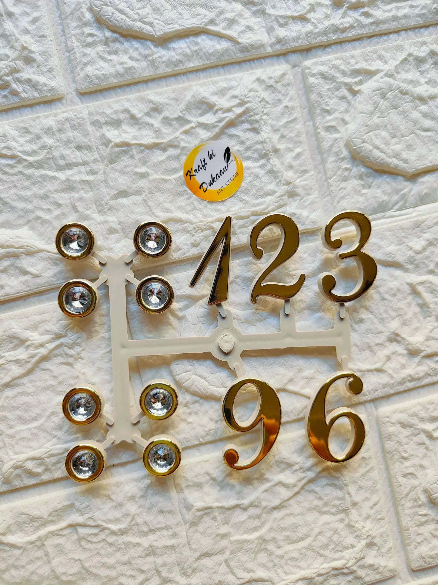 Clock number set A4: gold digits with clear gem centers for 1–6 and 9