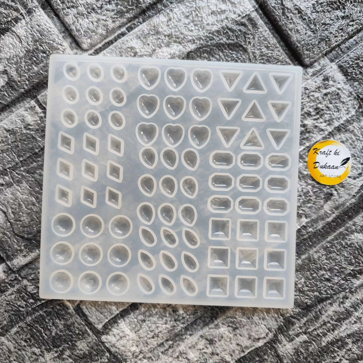 81-cavity jewellery mould sheet with heart, circle, triangle and square shapes