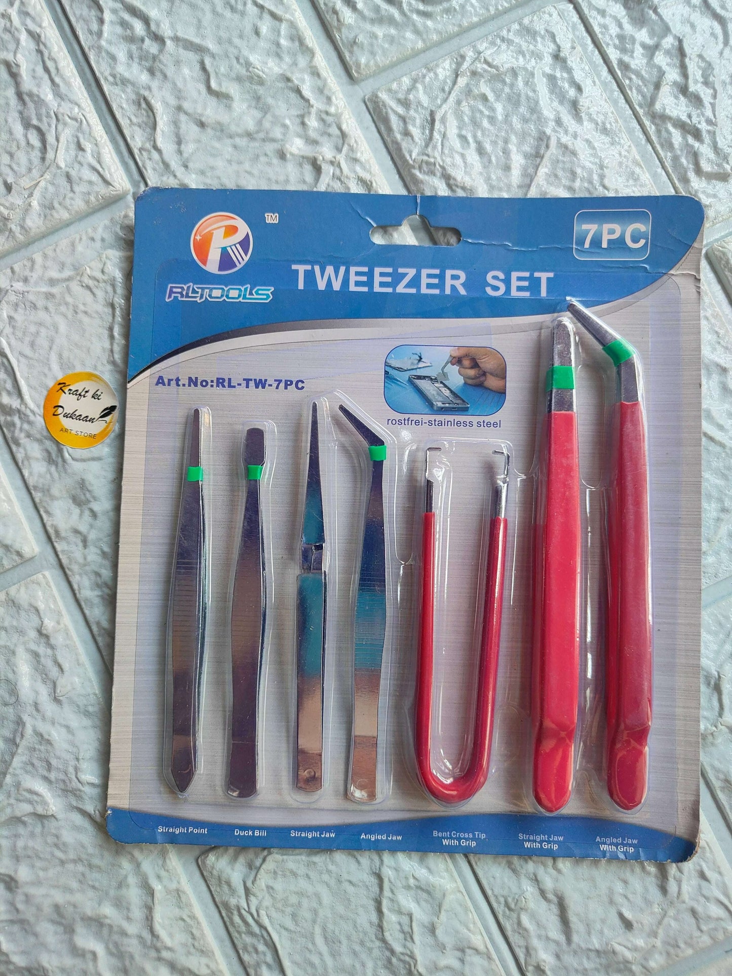 Tweezer 7PC set with red and black handles, green tips, stainless steel tweezers