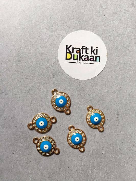 Gold-tone evil eye bracelet charms, five round blue cabochons with rhinestone halo