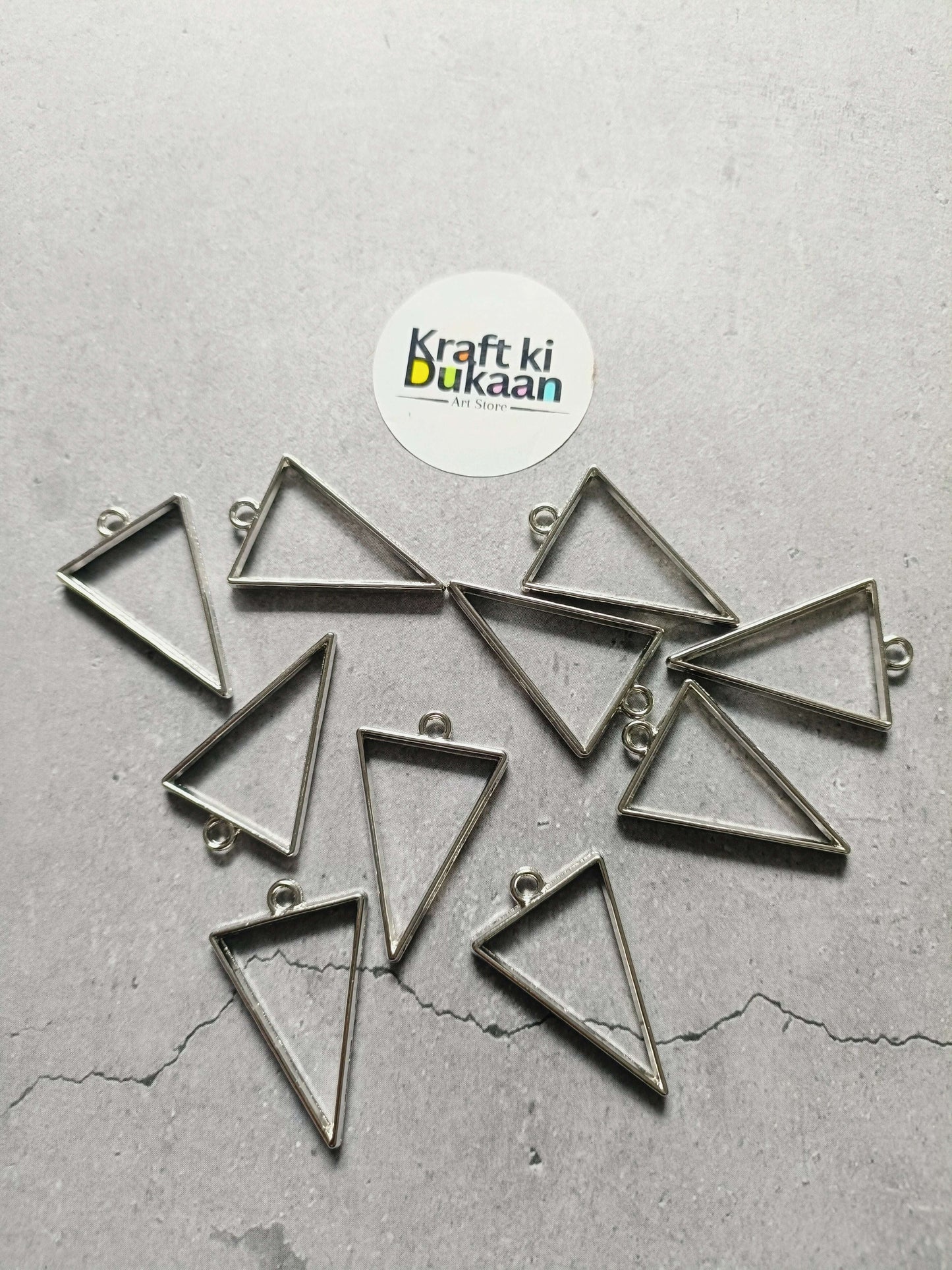 Silver triangle bezel pendant set of 10, metal triangle charms with loop tops