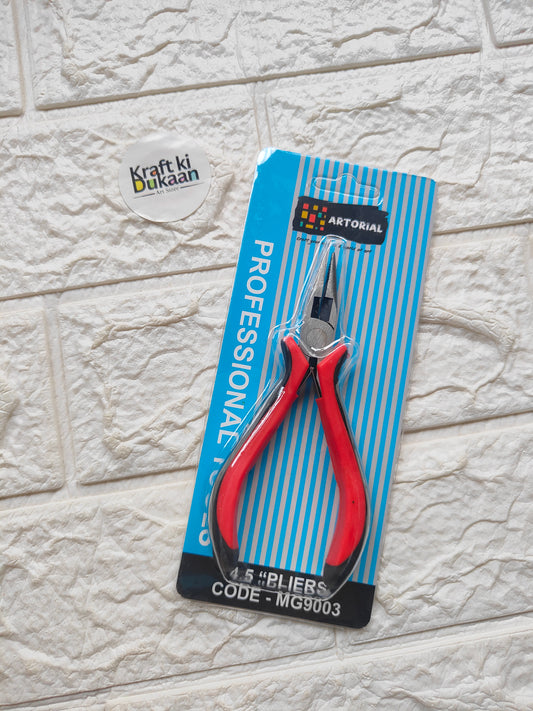 Packaged red needle-nose pliers on a blue blister card, model MG9003