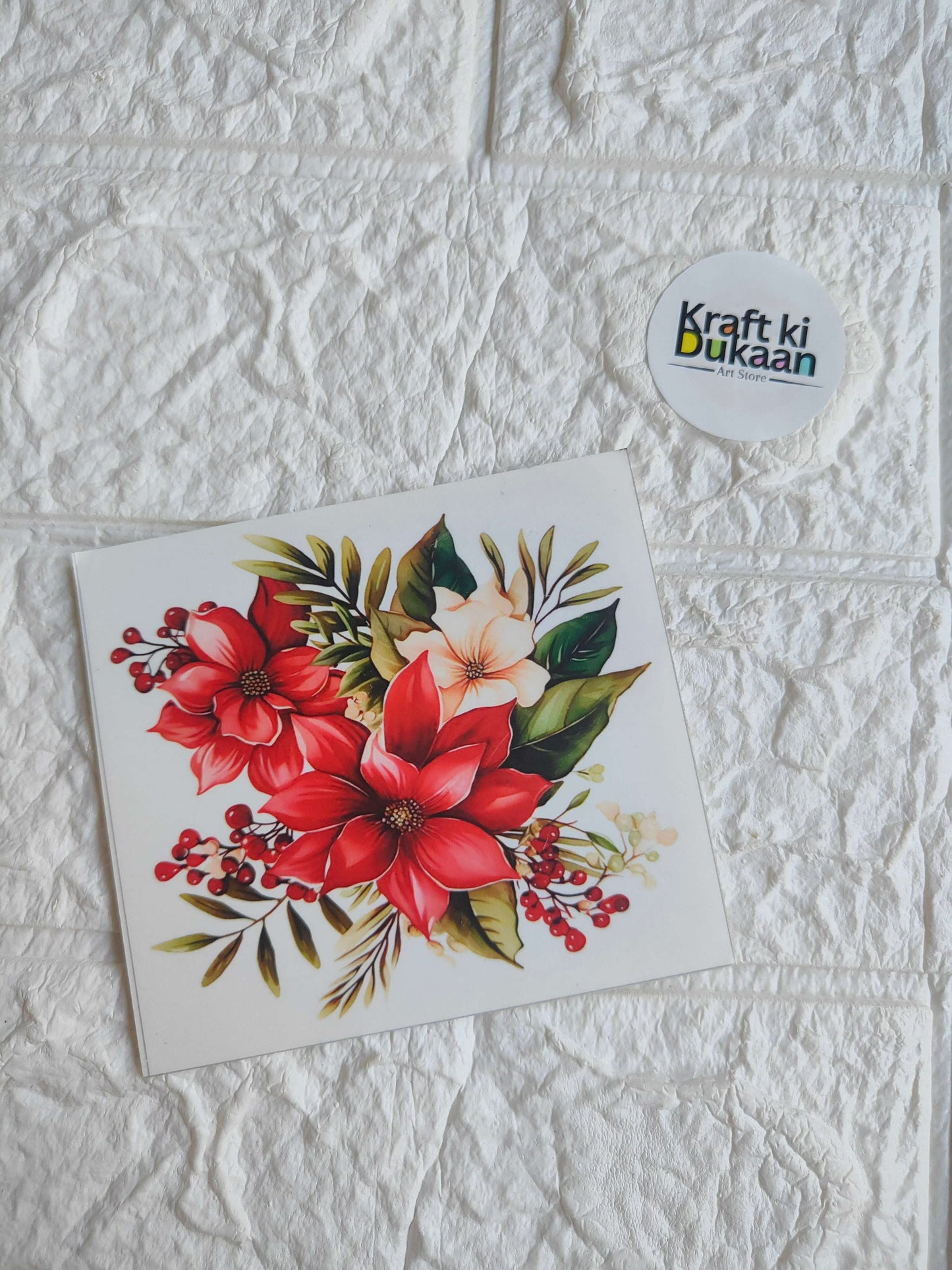 Mini colour sticker sheet with red flower and green leaf design on white card