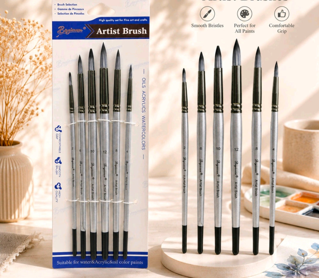 6PC Paint Brush Silver Handle Set