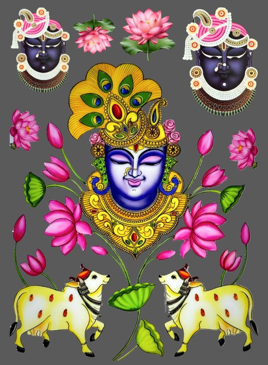Peel-off UV DTF sticker sheet with colorful deity face, lotus flowers, and white cows